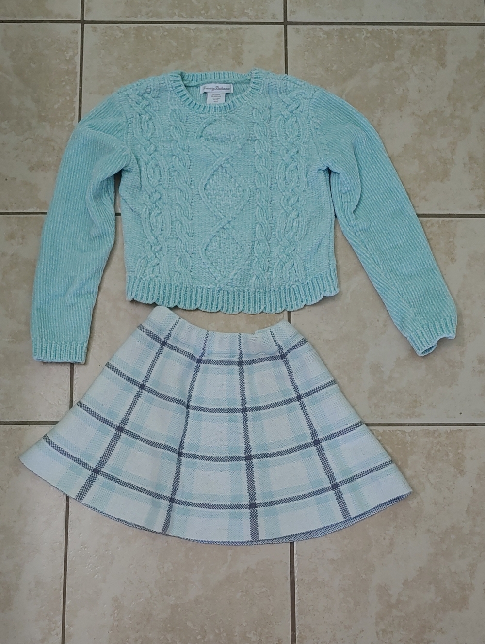 Tommy Bahama Cable Knit Sweater Aqua Blue Plaid Skirt Outfit Girl's Size 5/6